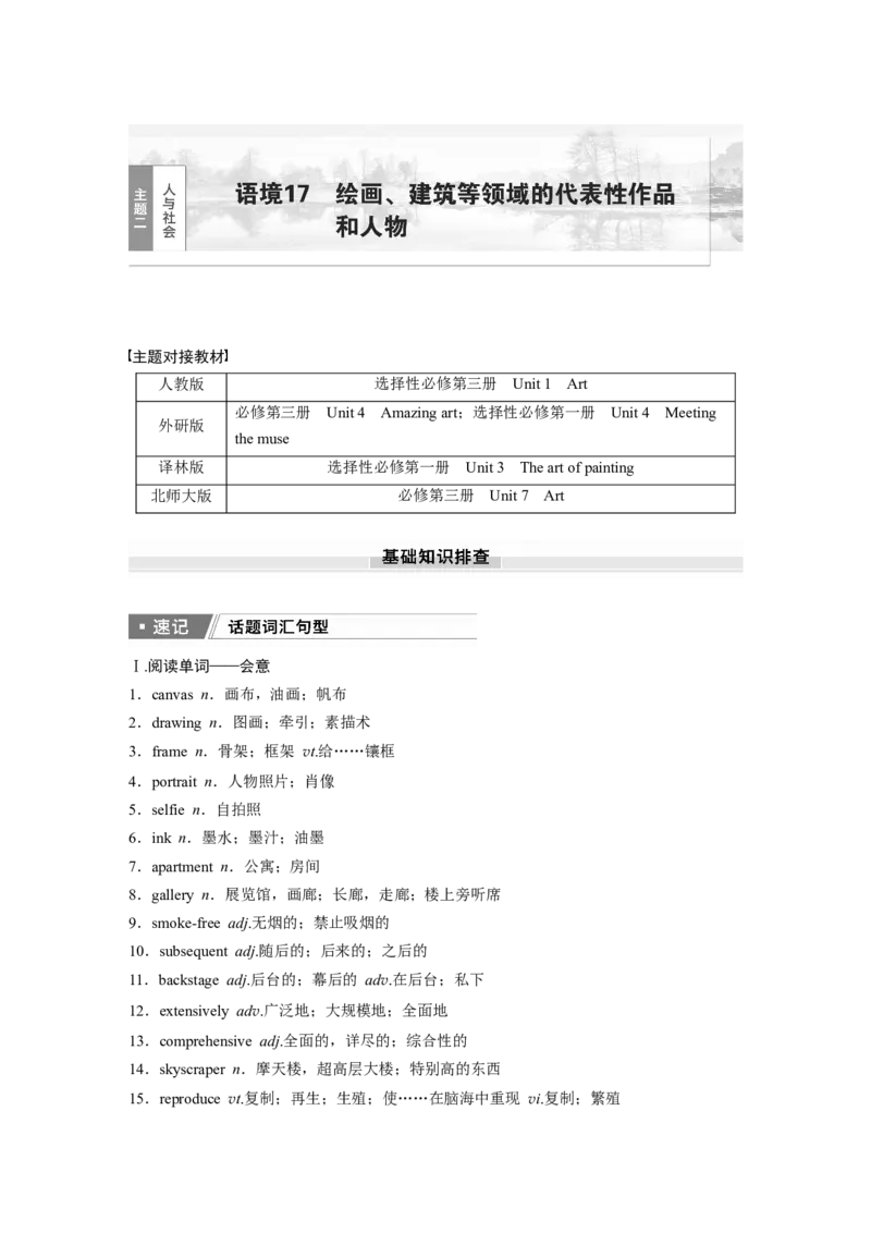 2025届高中英语一轮话题复习（学生版）：主题二人与社会　语境17　绘画、建筑等领域的代表性作品和人物_3.2025英语总复习_2025年新高考资料_一轮复习