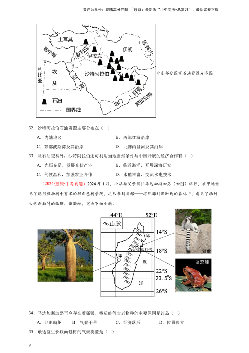 好题汇编2024年中考地理真题分类汇编07东半球其他地区和国家（原卷版）_02中考总复习（2026版更新中）_09-地理-中考总复习_2025中考地理复习资料