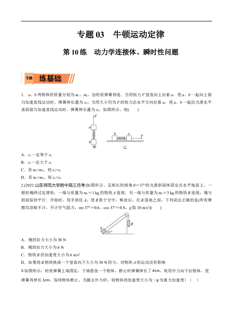 第10练动力学连接体、瞬时性问题-2023年高考物理一轮复习小题多维练（全国通用）（原卷版）_4.2025物理总复习_赠品通用版（老高考）复习资料_一轮复习