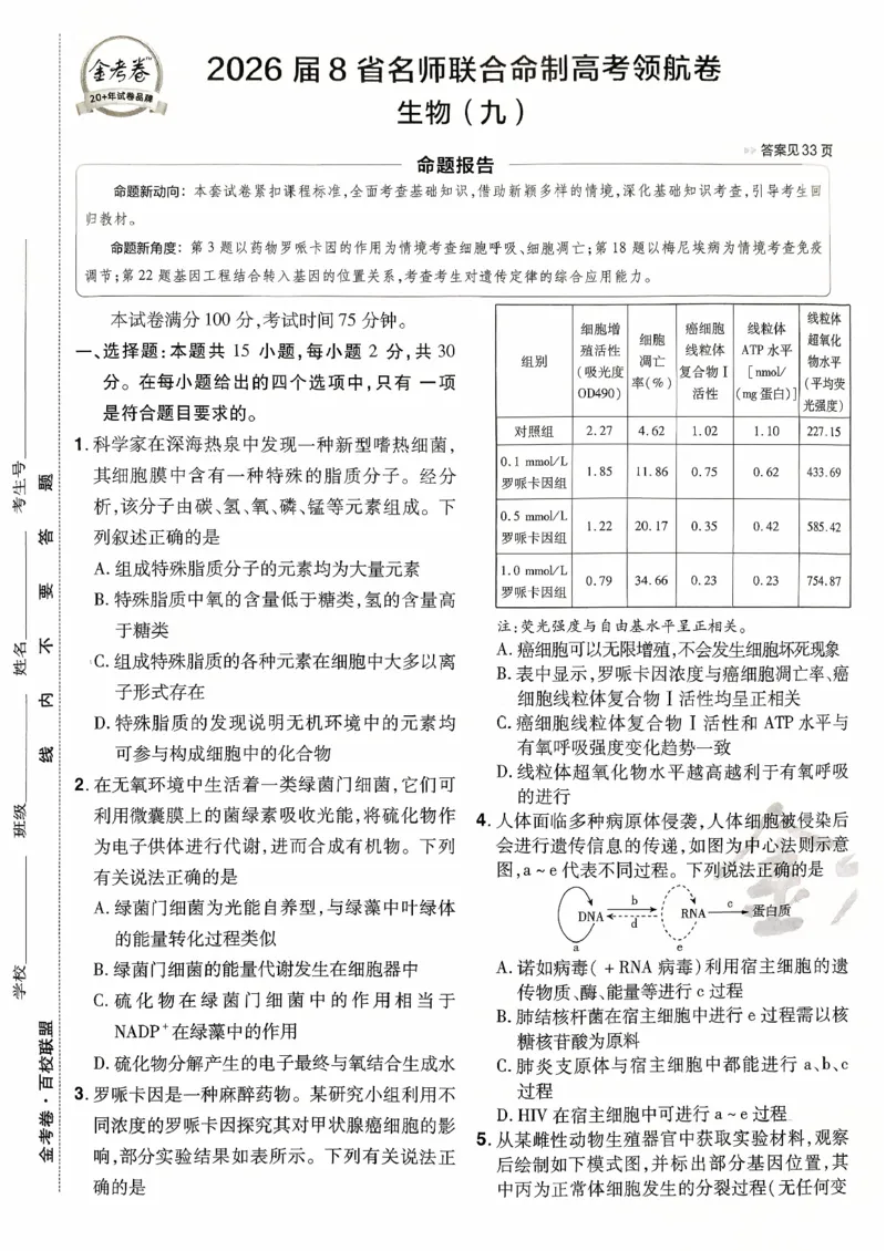 2026金考卷百校联盟高考领航卷生物试卷九（新教材不定项选择题版）_2026版金考卷&middot;百校联盟高考领航卷（全科）_2026版金考卷&middot;百校联盟高考领航卷生物（单选+不定项）