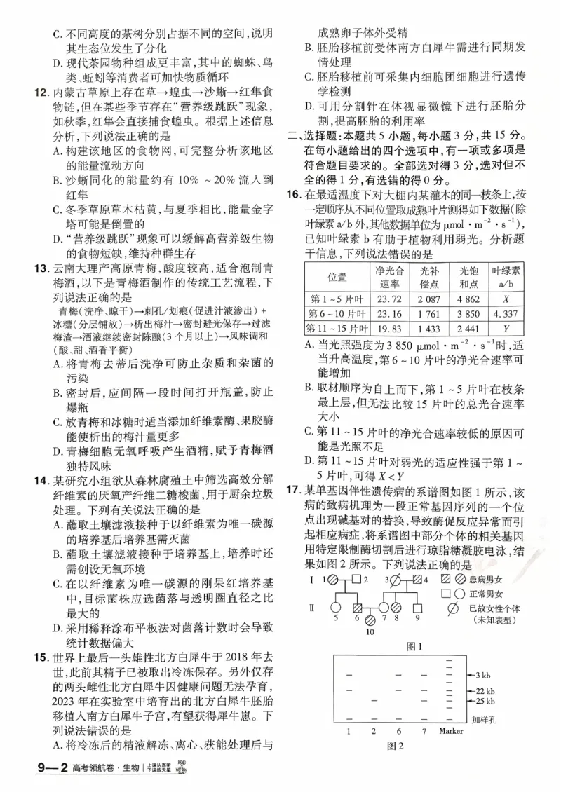 2026金考卷百校联盟高考领航卷生物试卷九（新教材不定项选择题版）_2026版金考卷&middot;百校联盟高考领航卷（全科）_2026版金考卷&middot;百校联盟高考领航卷生物（单选+不定项）