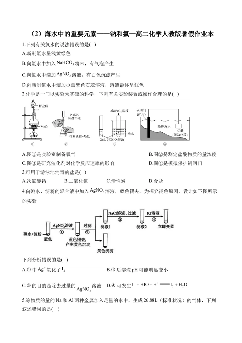 （2）海水中的重要元素&mdash;&mdash;钠和氯&mdash;&mdash;高二化学人教版暑假作业本_2025秋高中《化学暑假衔接讲义》新高一、二、三（培优讲义+暑假作业本）_新高三化学暑假作业本