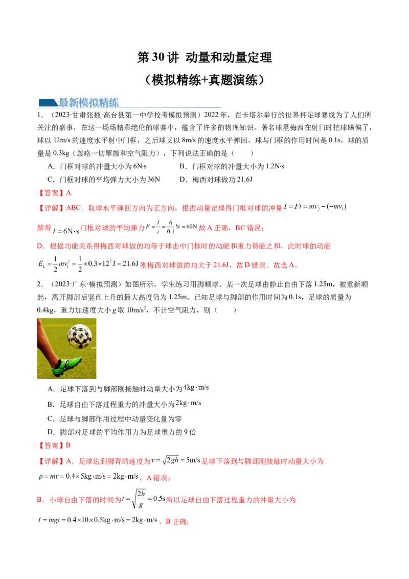 第30讲动量和动量定理（练习）（解析版）_4.2025物理总复习_2024年新高考资料_1.2024一轮复习_2024年高考物理一轮复习讲练测（新教材新高考）_第30讲动量和动量定理（练习）