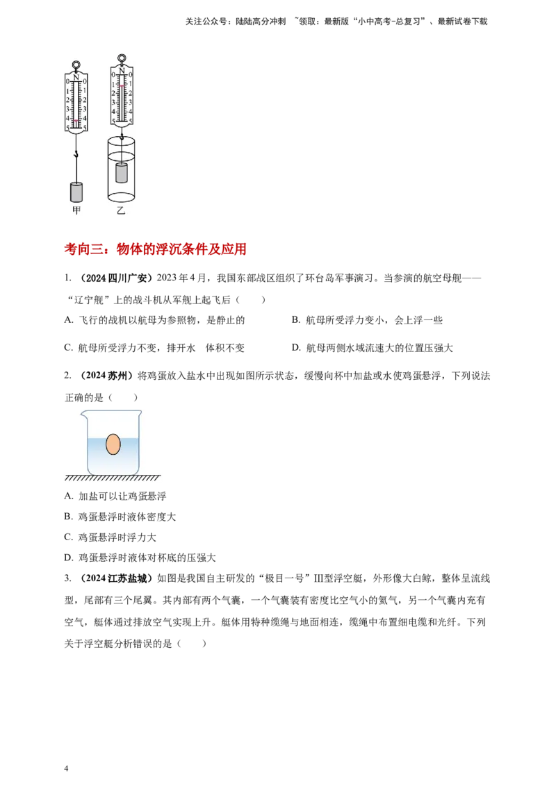 模块一专题10浮力及其应用（原卷版)_02中考总复习（2026版更新中）_04-物理-中考总复习_2025年中考复习资料_（2025中考全国通用）2024年中考物理真题分类汇编