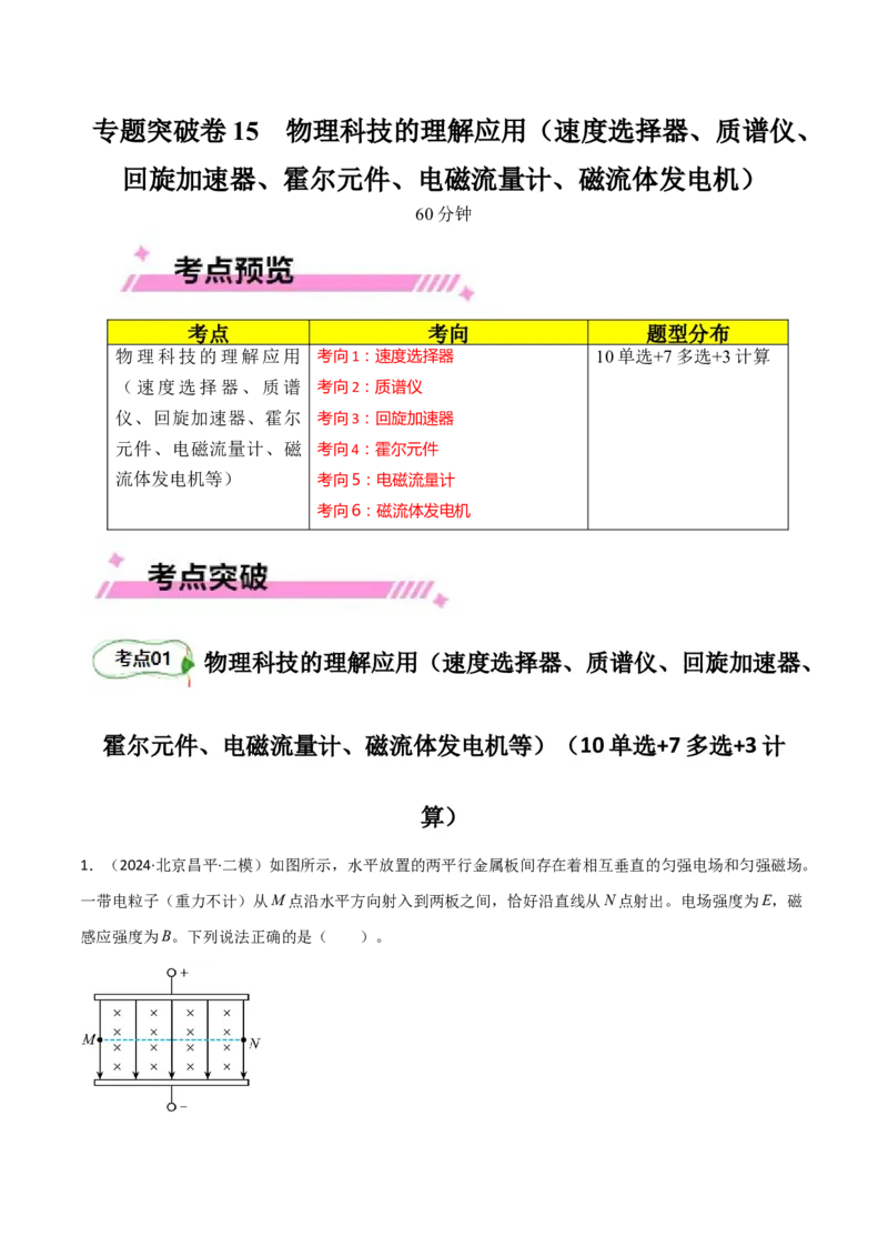 专题突破卷15物理科技的理解应用（速度选择器、质谱仪、回旋加速器、霍尔元件、电磁流量计、磁流体发电机等）（解析版）_4.2025物理总复习_2025年新高考资料_一轮复习