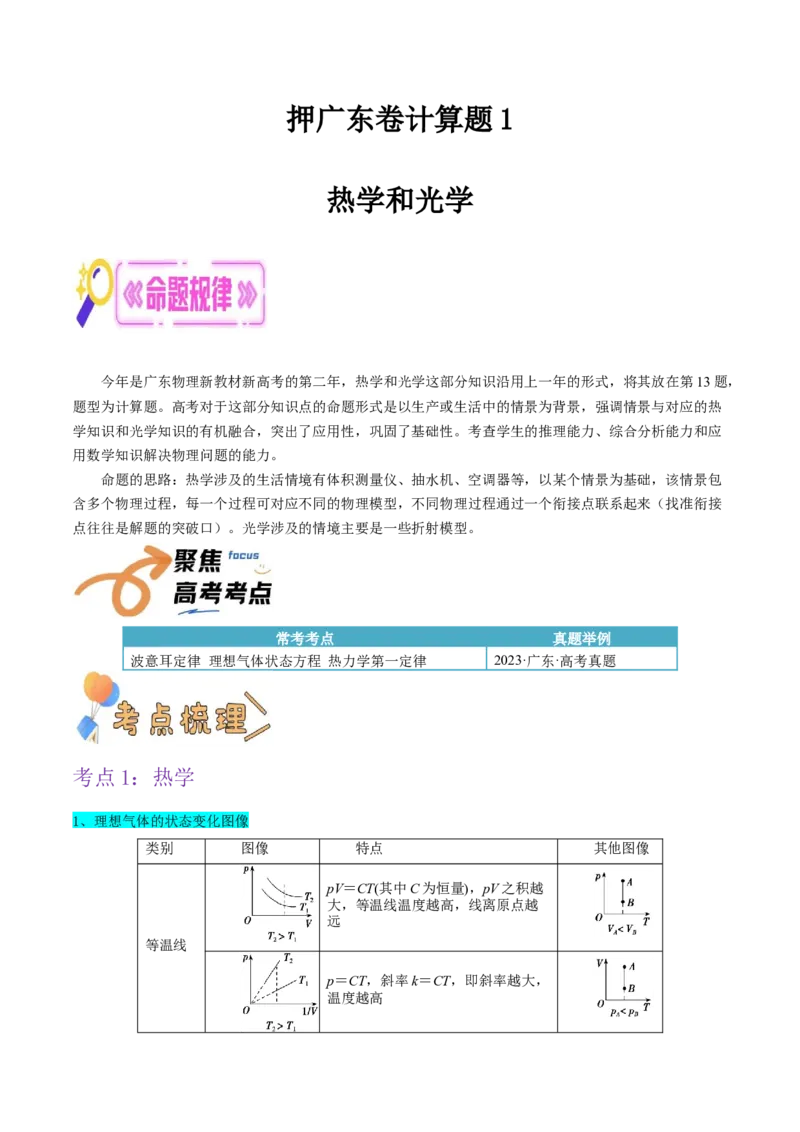 押广东卷计算题1热学和光学计算题（原卷版）_4.2025物理总复习_2024年新高考资料_5.2024三轮冲刺_备战2024年高考物理临考题号押题（广东专用）324210116