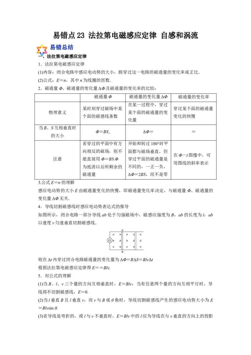 备战2023年高考物理考试易错题&mdash;易错点23法拉第电磁感应定律自感和涡流_4.2025物理总复习_2023年新高复习资料_一轮复习_备战2023新高考物理一轮复习考试易错题（含答案）