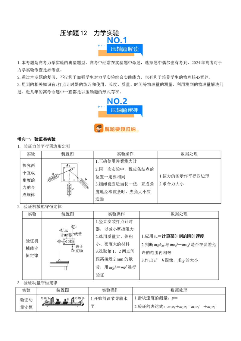 压轴题12力学实验（原卷版）_4.2025物理总复习_2024年新高考资料_5.2024三轮冲刺_2024年高考物理压轴题专项训练（新高考通用）