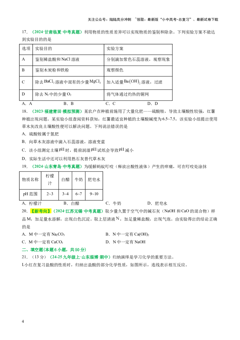 主题二物质的性质与应用常见的酸碱盐（测试）（原卷版）_02中考总复习（2026版更新中）_05-化学-中考总复习_2025年中考复习资料_2025中考化学一轮复习讲义+课件_练习