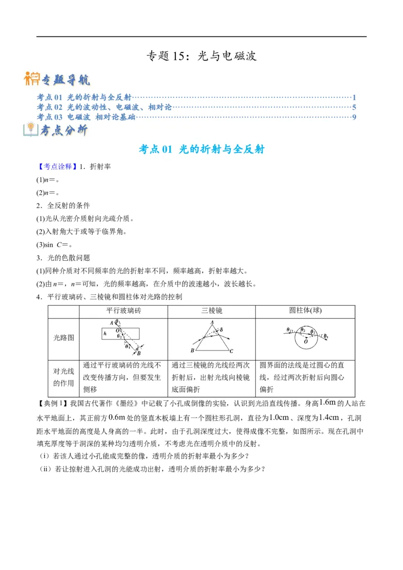 专题15光与电磁波(原卷版）_4.2025物理总复习_赠品通用版（老高考）复习资料_二轮复习_2023年高考物理毕业班二轮热点题型归纳与变式演练（全国通用）