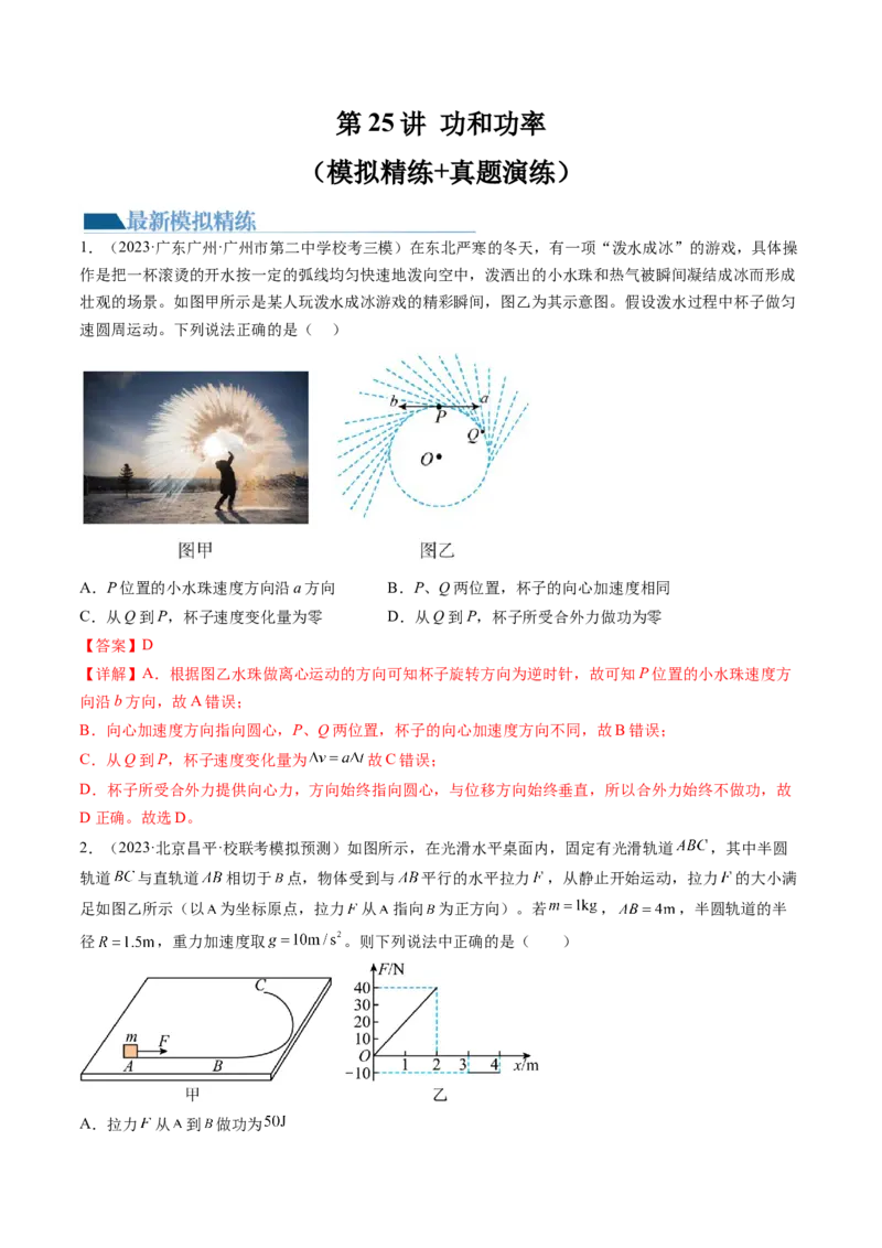 第25讲功和功率（练习）（解析版）_4.2025物理总复习_2024年新高考资料_1.2024一轮复习_2024年高考物理一轮复习讲练测（新教材新高考）_第25讲功和功率（练习）