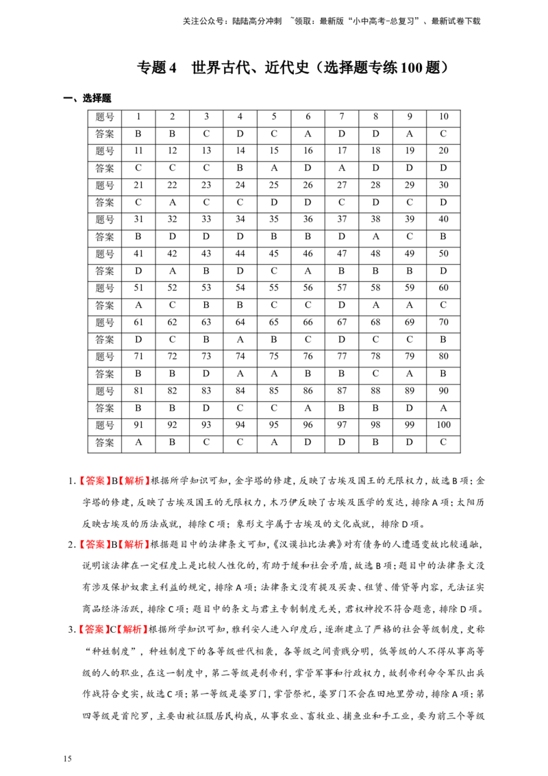 备考2024中考专题4世界古代、近代史（选择题专练100题）（含答案解析）_02中考总复习（2026版更新中）_06-历史-中考总复习_2024年中考复习资料_二轮复习