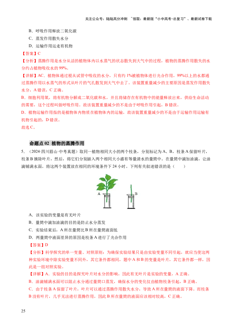 主题四植物的生活（讲练）（解析版）_02中考总复习（2026版更新中）_08-生物-中考总复习_2025中考复习资料_2025中考二轮课件ppt+讲义+练习生物_讲义+练习