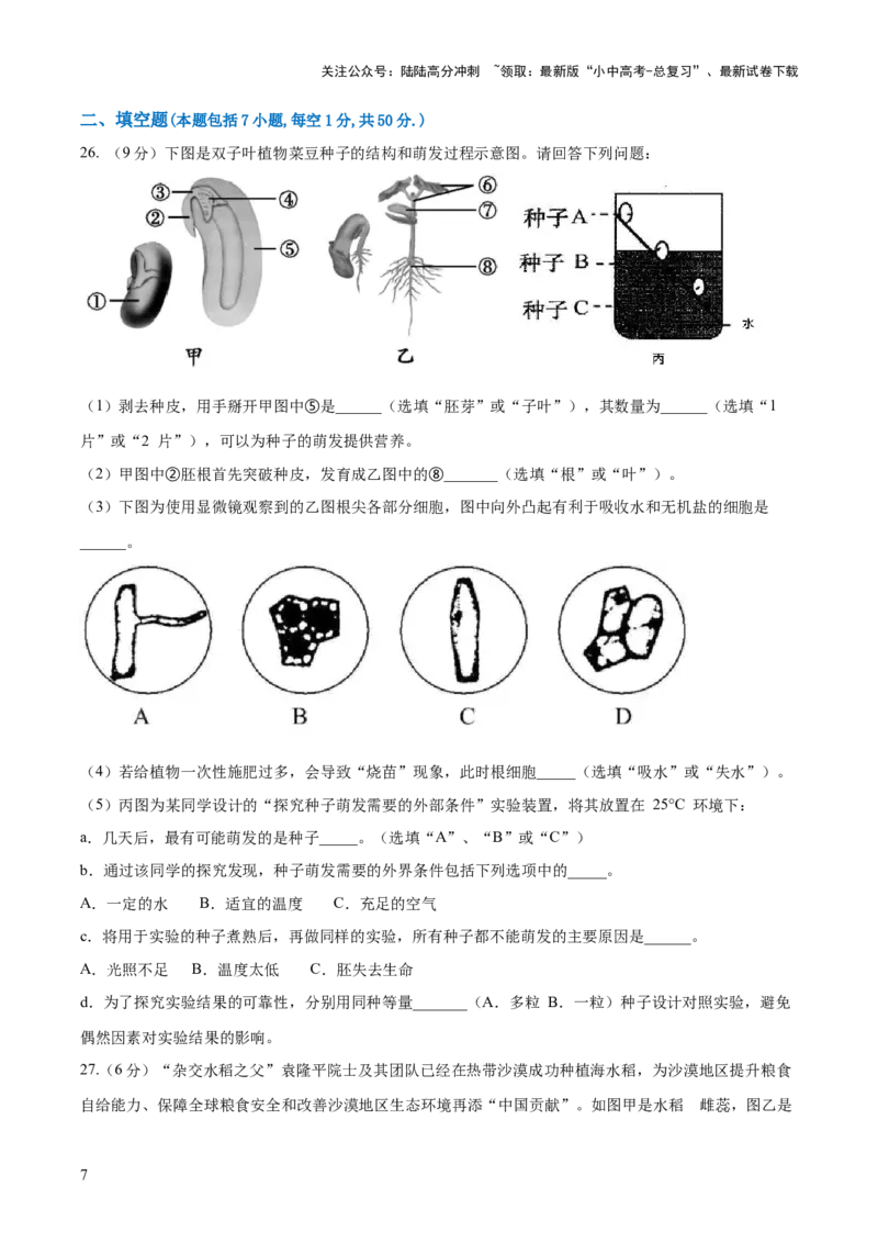 模块三生物圈中的绿色植物（测试）（原卷版）_02中考总复习（2026版更新中）_08-生物-中考总复习_2024年中考复习资料_一轮复习_❤2024年中考生物一轮复习讲练测（全国通用）_练习