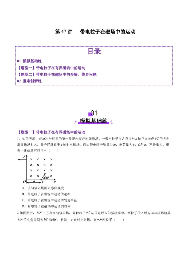 第47讲带电粒子在磁场中的运动（练习）（原卷版）_4.2025物理总复习_2025年新高考资料_一轮复习_2025年高考物理一轮复习讲练测（新教材新高考）