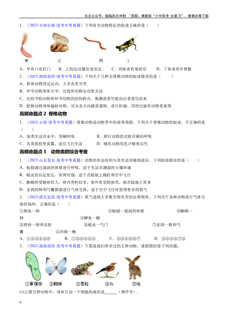 清单08动物的主要类群（2大考点+3大高频命题点）（学生版）_02中考总复习（2026版更新中）_08-生物-中考总复习_2024年中考复习资料_一轮复习