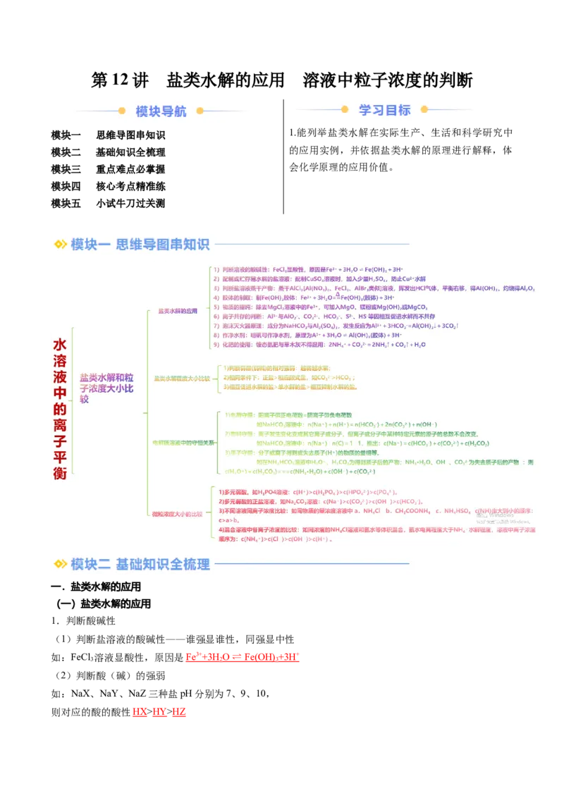 第12讲盐类水解的应用溶液中粒子浓度的判断（解析版）_2025秋高中《化学暑假衔接讲义》新高一、二、三（培优讲义+暑假作业本）_新高二化学暑假先学讲义