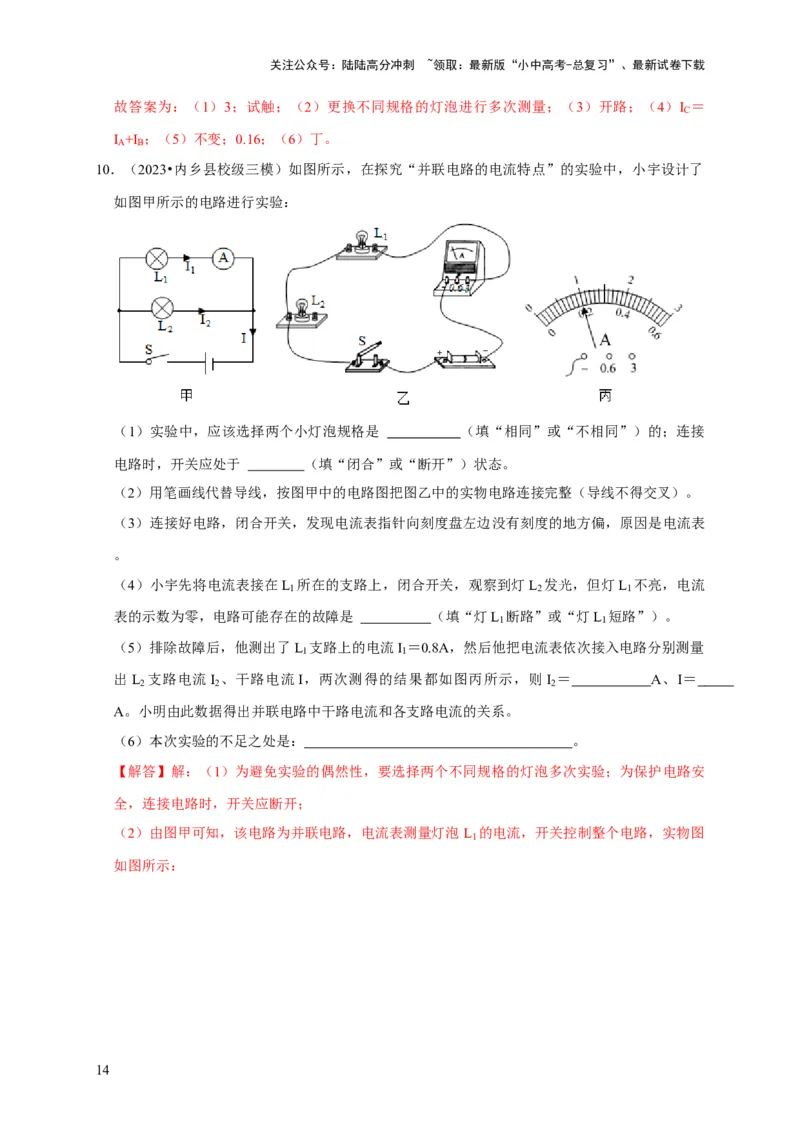 实验13探究串联电路与并联电路中电流的特点（解析版）_02中考总复习（2026版更新中）_04-物理-中考总复习_2024年中考复习资料_二轮复习_（讲义+练习）2024年中考物理二轮题型专项复习