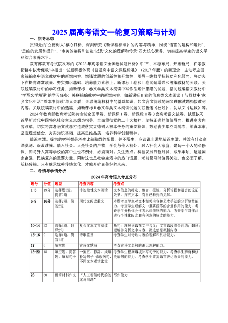 一轮复习策略与计划-上好课2025年高考语文一轮复习讲练测（新教材新高考）_1.2025语文总复习_2025年新高考资料_一轮复习_2025年高考语文一轮复习讲练测_一轮复习计划安排