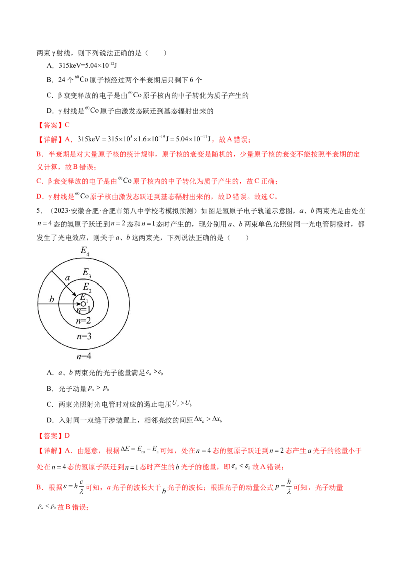 第73讲原子结构原子核（练习）（解析版）_4.2025物理总复习_2024年新高考资料_1.2024一轮复习_2024年高考物理一轮复习讲练测（新教材新高考）_第73讲原子结构原子核（练习）