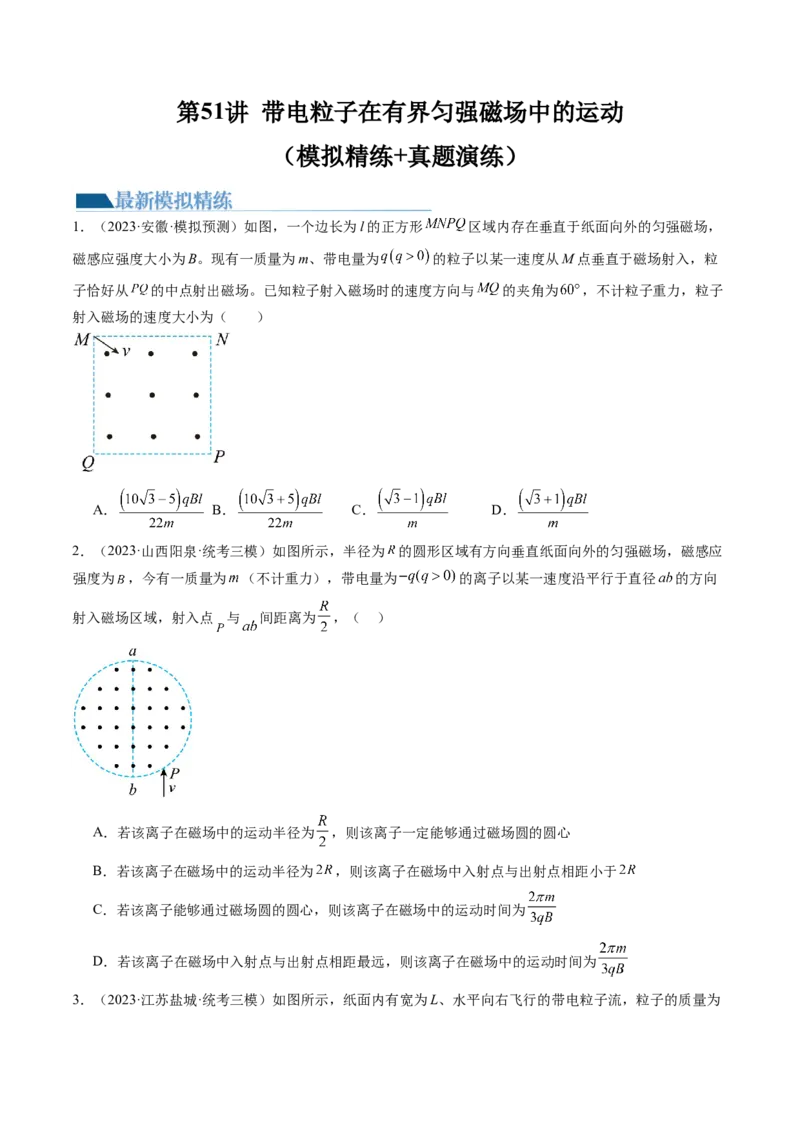 第51讲带电粒子在有界匀强磁场中的运动（练习）（原卷版）_4.2025物理总复习_2024年新高考资料_1.2024一轮复习_2024年高考物理一轮复习讲练测（新教材新高考）