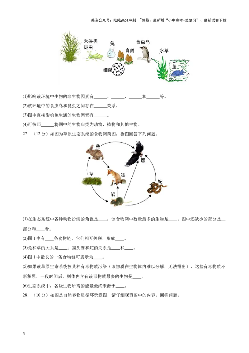 主题三生物与环境（测试）（原卷版）_02中考总复习（2026版更新中）_08-生物-中考总复习_2025中考复习资料_2025中考二轮课件ppt+讲义+练习生物_测试