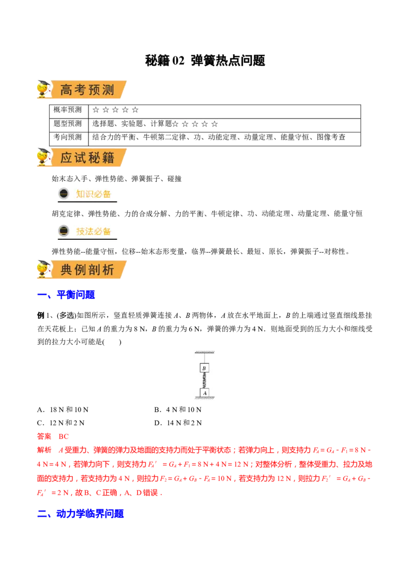 秘籍02弹簧热点问题-备战2023年高考物理抢分秘籍（新高考专用）（解析版）_4.2025物理总复习_2023年新高复习资料_备战2023年高考物理抢分秘籍（新高考专用）