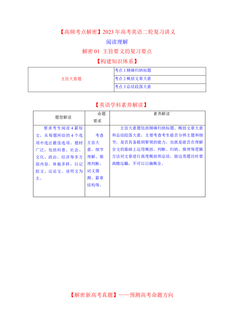 2023年高考英语二轮复习教案（新高考专用）阅读理解01主旨要义Word版含解析_3.2025英语总复习_2023年新高考资料_二轮复习_新高考专用2023年高考英语二轮复习教案+试题（含解析）