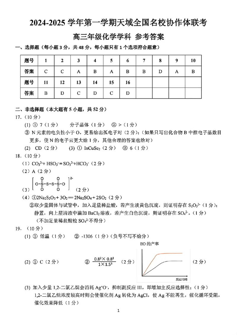 2024-2025学年第一学期天域全国名校协作体联考化学试题答案_A1502026各地模拟卷（超值！）_10月_2410072025届天域全国名校协作体浙江省10月联考