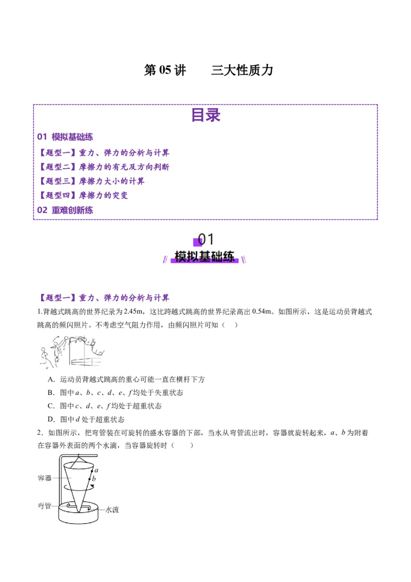 第05讲三大性质力（练习）（原卷版）_4.2025物理总复习_2025年新高考资料_一轮复习_2025年高考物理一轮复习讲练测（新教材新高考）