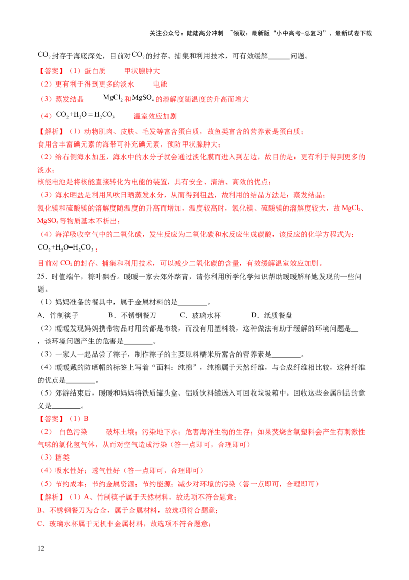 主题四化学与社会（测试）（解析版）_02中考总复习（2026版更新中）_05-化学-中考总复习_2025年中考复习资料_2025中考化学一轮复习讲义+课件_练习_主题四+化学与社会（测试）
