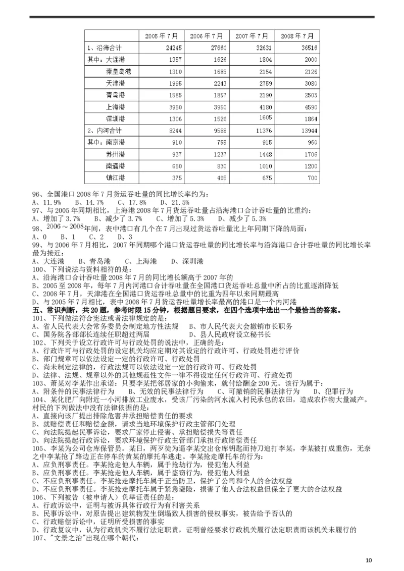 2010年425公务员联考《行测》（云南、湖南、海南、山东、内蒙古、重庆、广西、辽宁、宁夏、陕西、天津）_34省+国考真题_此文件夹为word版,不推荐使用_题目_200