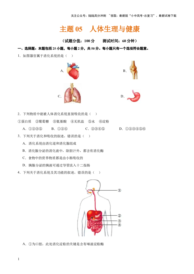 主题05人体生理与健康（测试）（原卷版）_02中考总复习（2026版更新中）_08-生物-中考总复习_2025中考复习资料_2025中考二轮课件ppt+讲义+练习生物_测试