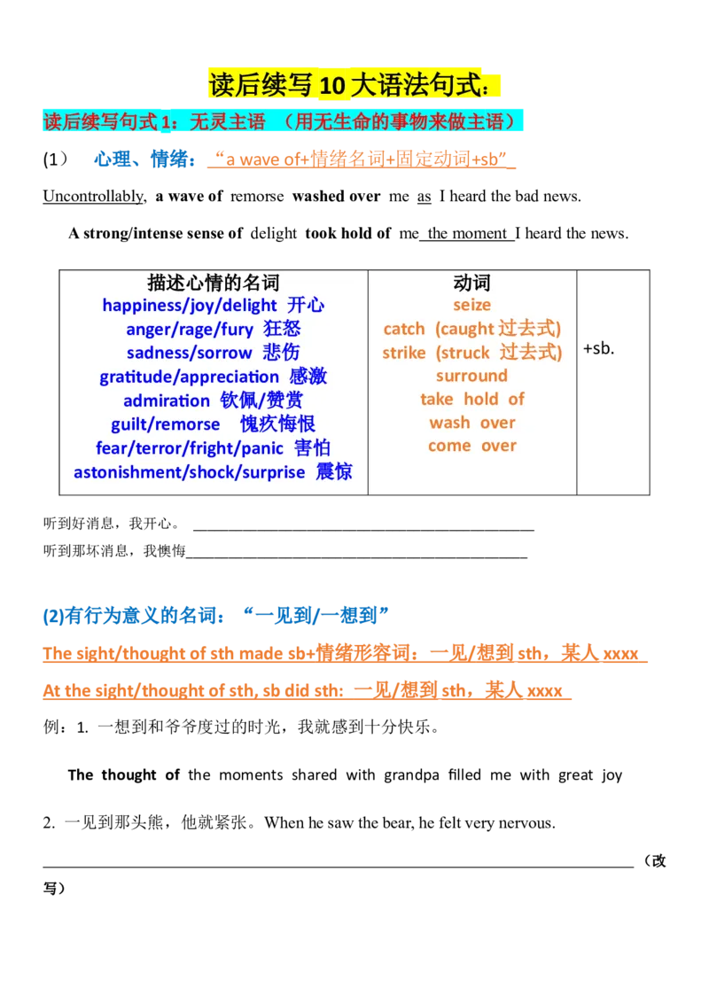 2023届高考英语二轮复习读后续写课堂讲义十大高级语法句式学案（无答案）_3.2025英语总复习_2023年新高考资料_二轮复习_读后续写2023届高考英语二轮复习&nbsp;课堂讲义+学案
