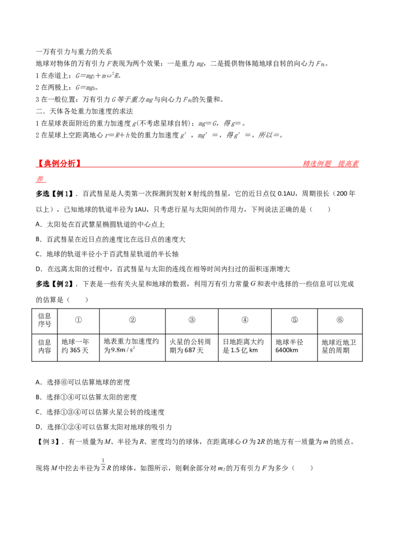 第20讲行星运动和万有引力定律及其成就-2024届高中物理一轮复习提升素养导学案（全国通用）原卷版_4.2025物理总复习_2024年新高考资料_1.2024一轮复习