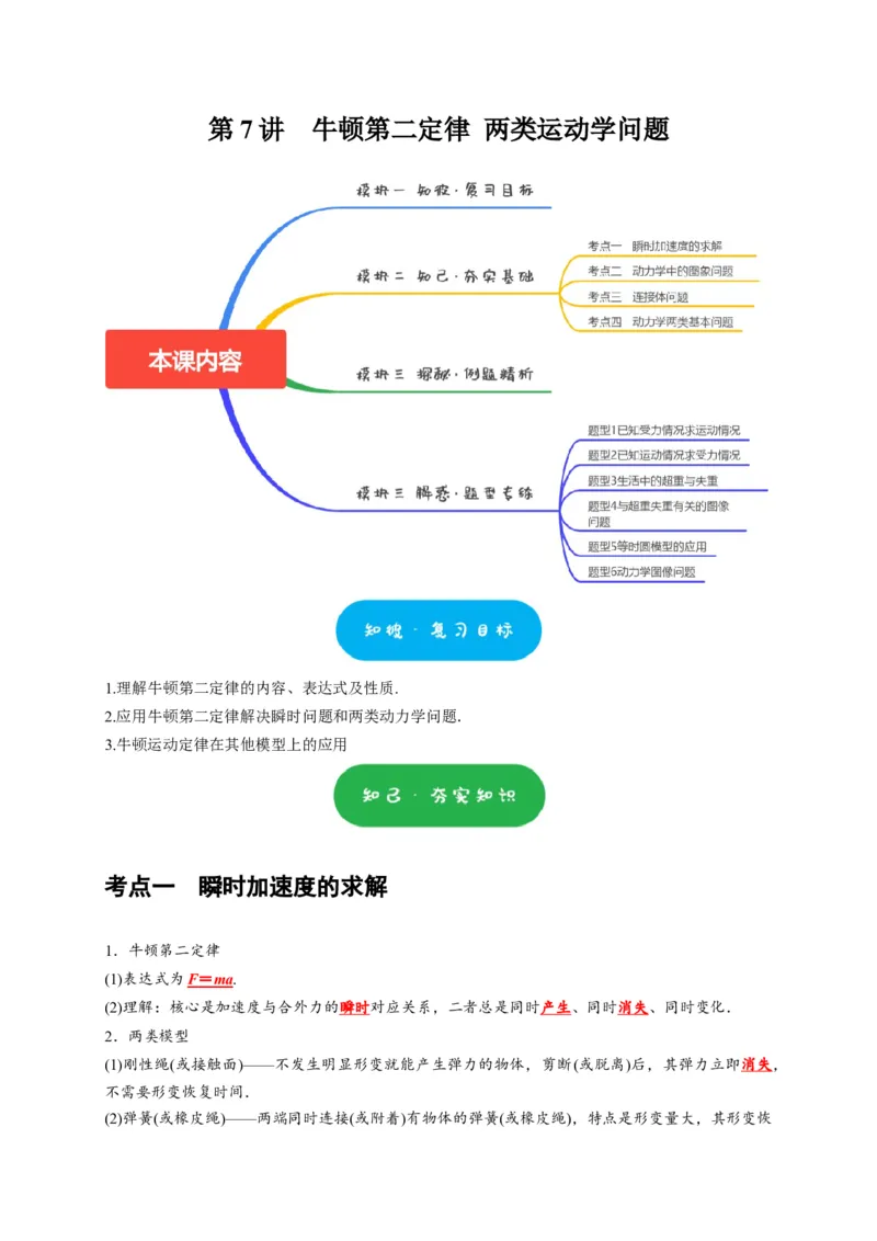 第7讲　牛顿第二定律两类运动学问题（原卷版）_4.2025物理总复习_2025年新高考资料_一轮复习_2025届高考物理一轮复习考点精讲精练（全国通用）（完结）