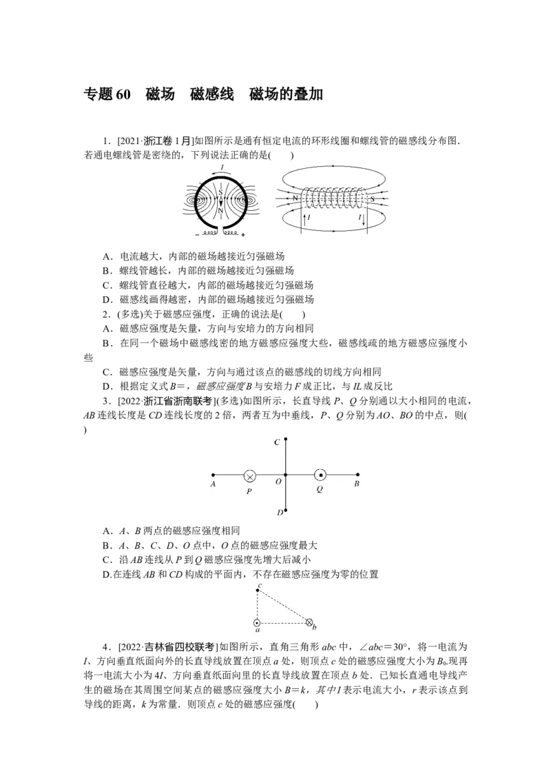 专题60磁场磁感线磁场的叠加_4.2025物理总复习_赠品通用版（老高考）复习资料_专项复习_2023《微专题&middot;小练习》&middot;物理&middot;L-5