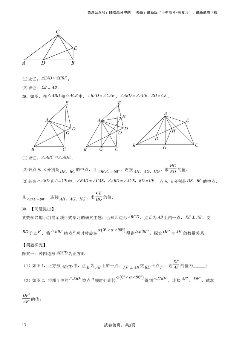 中考数学几何专项练习：相似模型--旋转&ldquo;手拉手&rdquo;模型（原卷）_02中考总复习（2026版更新中）_02-数学-中考总复习_2024年中考复习资料_专项复习资料_2024年中考数学几何专项练习