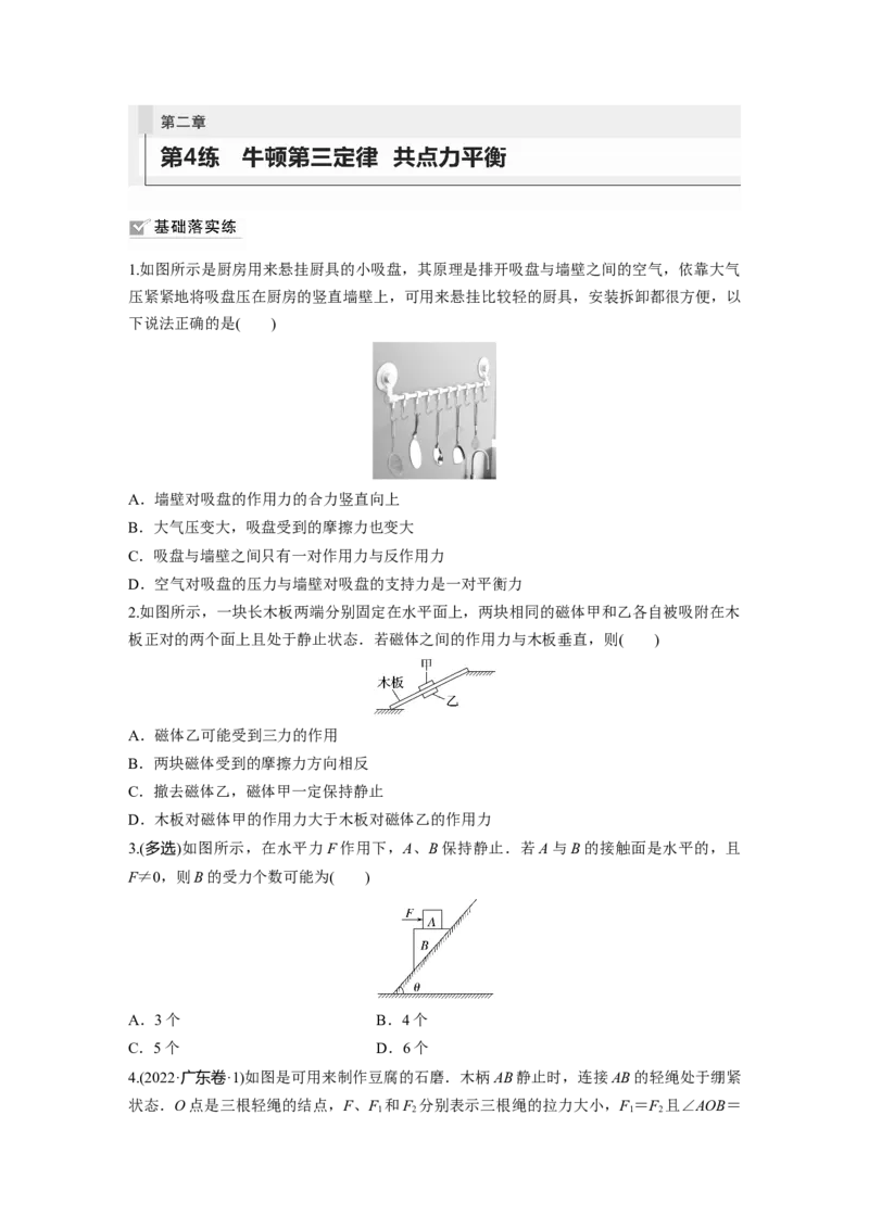 第2章第4练　牛顿第3定律　共点力平衡_4.2025物理总复习_2024年新高考资料_1.2024一轮复习_2024年高考物理一轮复习讲义（新人教版）_学生版在此文件夹_一轮复习85练