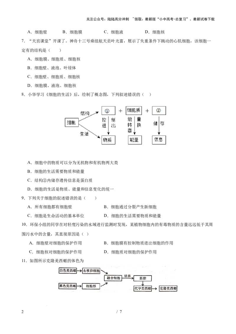 主题01生物体的结构层次（测试）（原卷版）_02中考总复习（2026版更新中）_08-生物-中考总复习_2025中考复习资料_2025中考二轮课件ppt+讲义+练习生物_测试