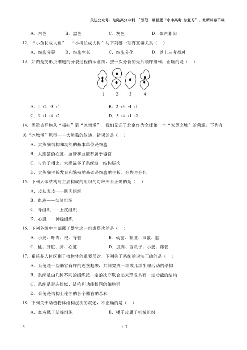 主题01生物体的结构层次（测试）（原卷版）_02中考总复习（2026版更新中）_08-生物-中考总复习_2025中考复习资料_2025中考二轮课件ppt+讲义+练习生物_测试