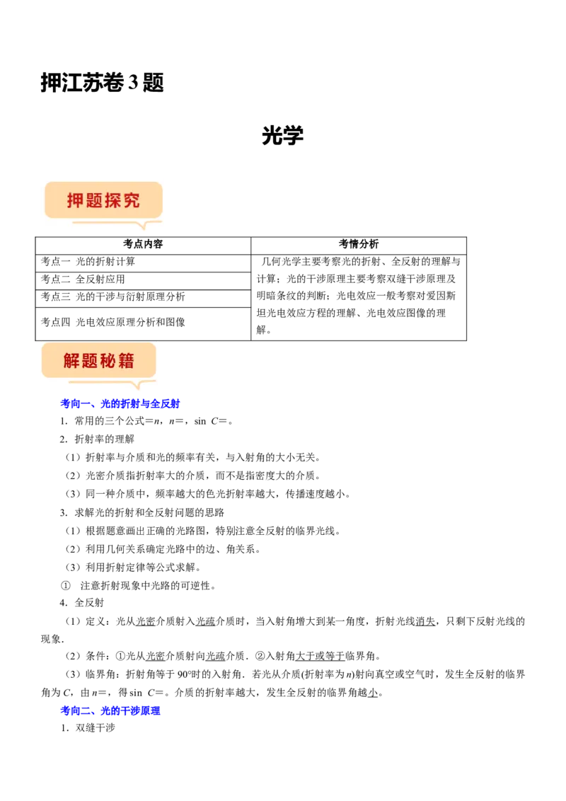 押江苏卷3题光学（解析版）_4.2025物理总复习_2024年新高考资料_5.2024三轮冲刺_备战2024年高考物理临考题号押题（江苏卷）322751514