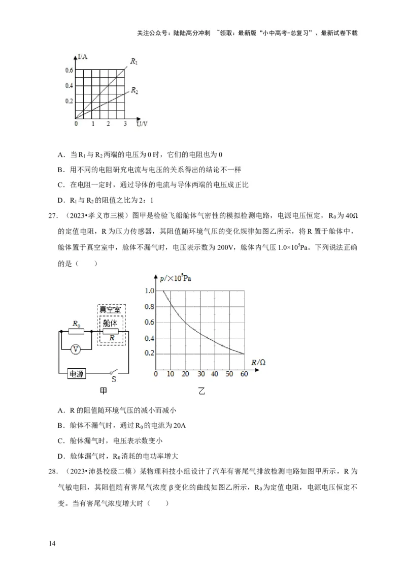图像题04欧姆定律（原卷版）_02中考总复习（2026版更新中）_04-物理-中考总复习_2024年中考复习资料_二轮复习_（讲义+练习）2024年中考物理二轮题型专项复习