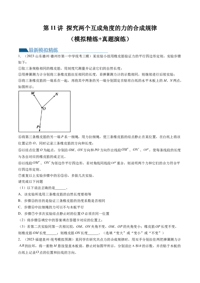 第11讲探究两个互成角度的力的合成规律（练习）（原卷版）_4.2025物理总复习_2024年新高考资料_1.2024一轮复习_2024年高考物理一轮复习讲练测（新教材新高考）