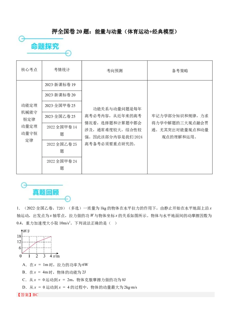 押全国卷20题：能量与动量（体育运动+经典模型）（解析版）_4.2025物理总复习_2024年新高考资料_5.2024三轮冲刺_备战2024年高考物理临考题号押题（新高考通用）324057615