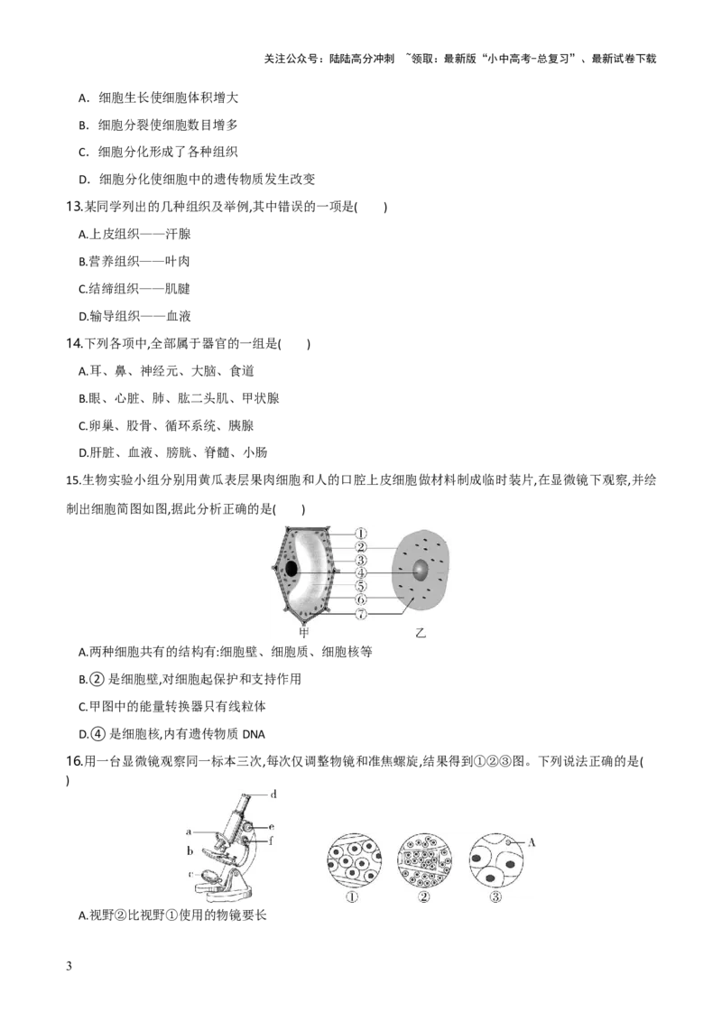模块二生物体的结构层次（测试）（原卷版）_02中考总复习（2026版更新中）_08-生物-中考总复习_2024年中考复习资料_一轮复习_❤2024年中考生物一轮复习讲练测（全国通用）_练习