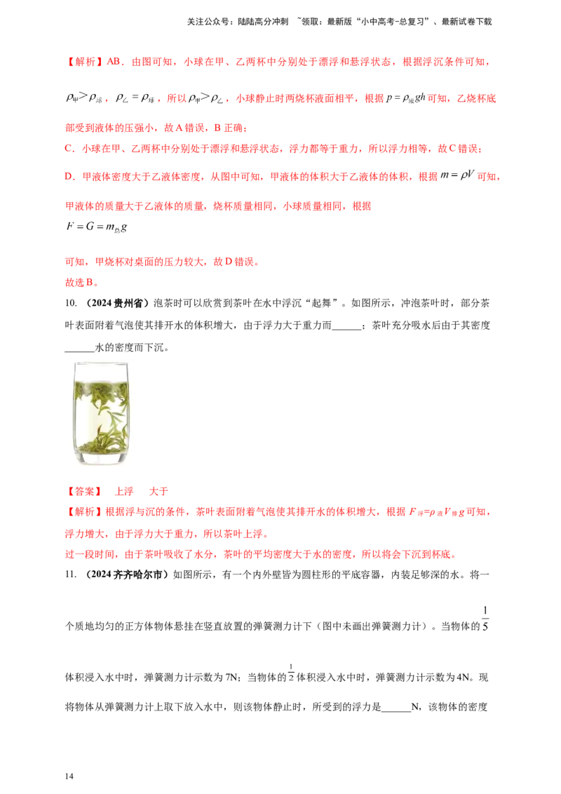 模块一专题10浮力及其应用（解析版)_02中考总复习（2026版更新中）_04-物理-中考总复习_2025年中考复习资料_（2025中考全国通用）2024年中考物理真题分类汇编