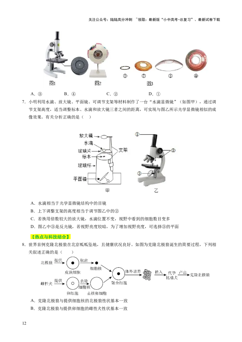 主题一生物体的结构层次（讲练）（原卷版）_02中考总复习（2026版更新中）_08-生物-中考总复习_2025中考复习资料_2025中考二轮课件ppt+讲义+练习生物_讲义+练习