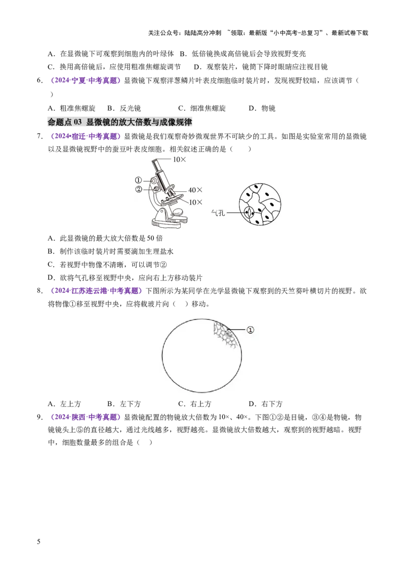 主题一生物体的结构层次（讲练）（原卷版）_02中考总复习（2026版更新中）_08-生物-中考总复习_2025中考复习资料_2025中考二轮课件ppt+讲义+练习生物_讲义+练习