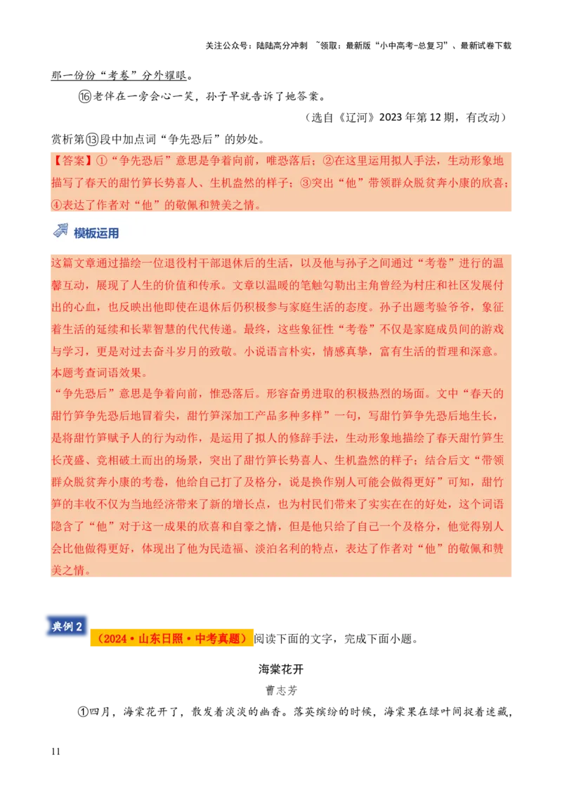 模板04词语、句子、段落（作用、赏析）类题型（答题模板）原卷版_02中考总复习（2026版更新中）_01-语文-中考总复习_2025年中考资料_2025年中考语文答题方法模板